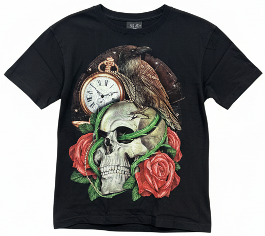 Unisex Graphic Streetwear T-shirt - Timeless Raven Skull with Rose