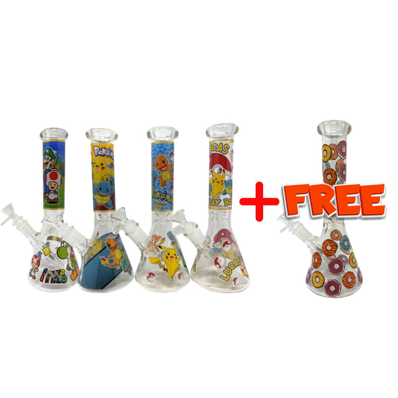 Buy 4 get 1 FREE - 10" Cartoon Glass Beakers Water Pipe - Assorted Designs