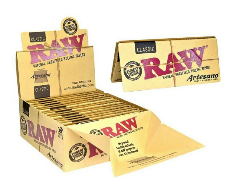 RAW Classic Artesano King Size Slim Rolling Papers w/ Tips & Tray - 15 Packs/Box