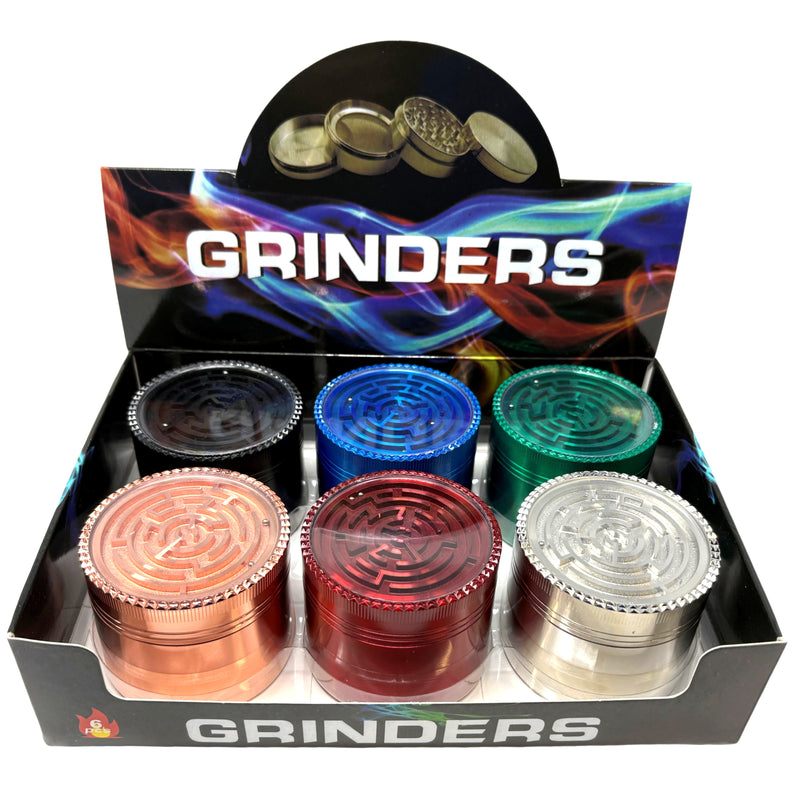 63mm Maze-Top 4-Piece Metal Herb Grinder 6pcs set – Assorted Colors