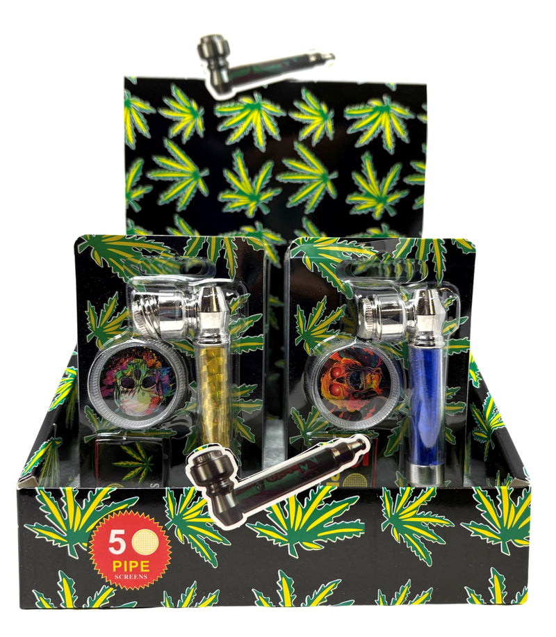 4" Holographic Spiral Metal Pipe w/ Screen/ Grinder - 12Pcs/Display - Assorted deigns