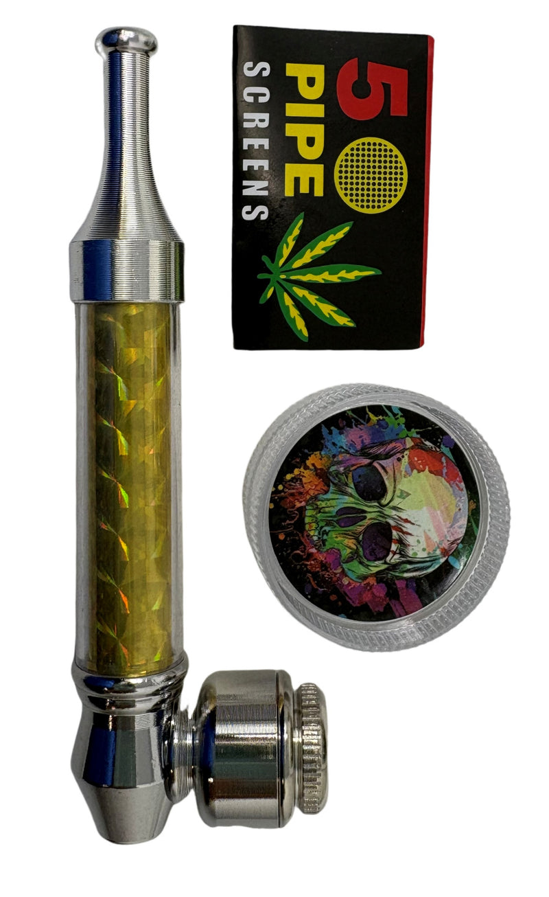 4" Holographic Spiral Metal Pipe w/ Screen/ Grinder - 12Pcs/Display - Assorted deigns
