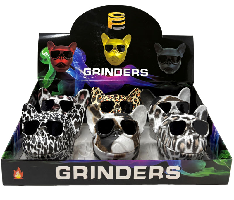 3D Bulldog Head Metal Herb Grinder Display – Animal Design 4-Piece Grinders (6 Styles)