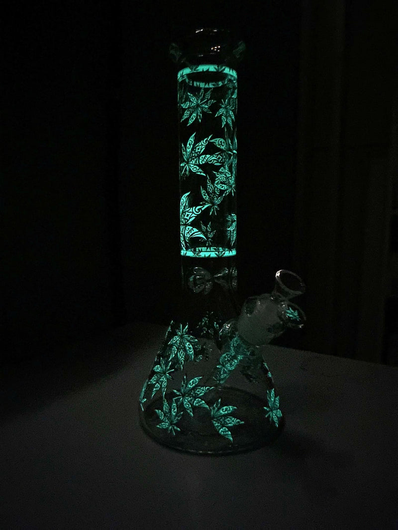 14" 7mm Leaf Pattern Glow in the Dark Beaker Water Pipe