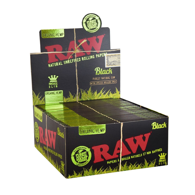 RAW Black Organic Hemp King Size Slim Rolling Papers - 50 Packs/Box