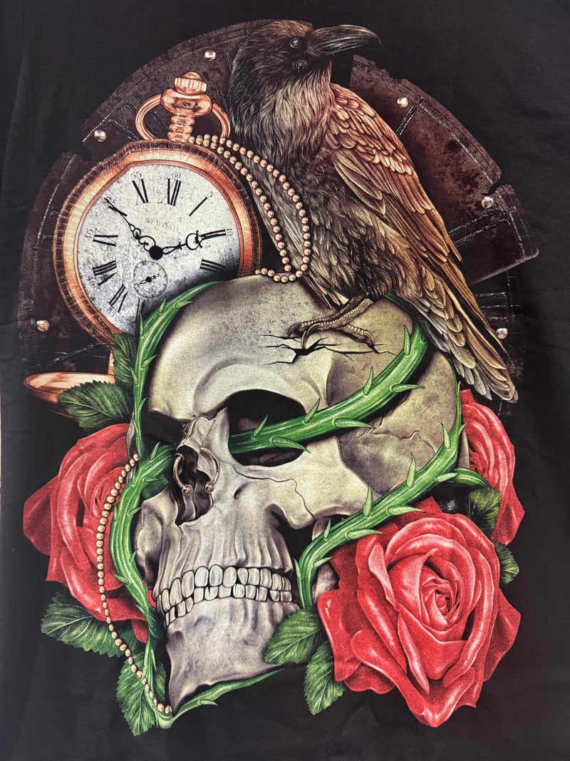 Unisex Graphic Streetwear T-shirt - Timeless Raven Skull with Rose