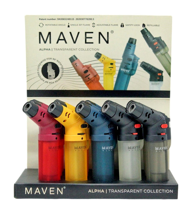 Maven Alpha Transparent Torch Lighters - 15pcs/Display