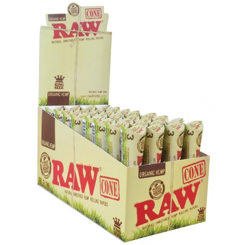 RAW Organic Hemp King Size Cones - 32 Packs/Box, 3 Cones/Pack